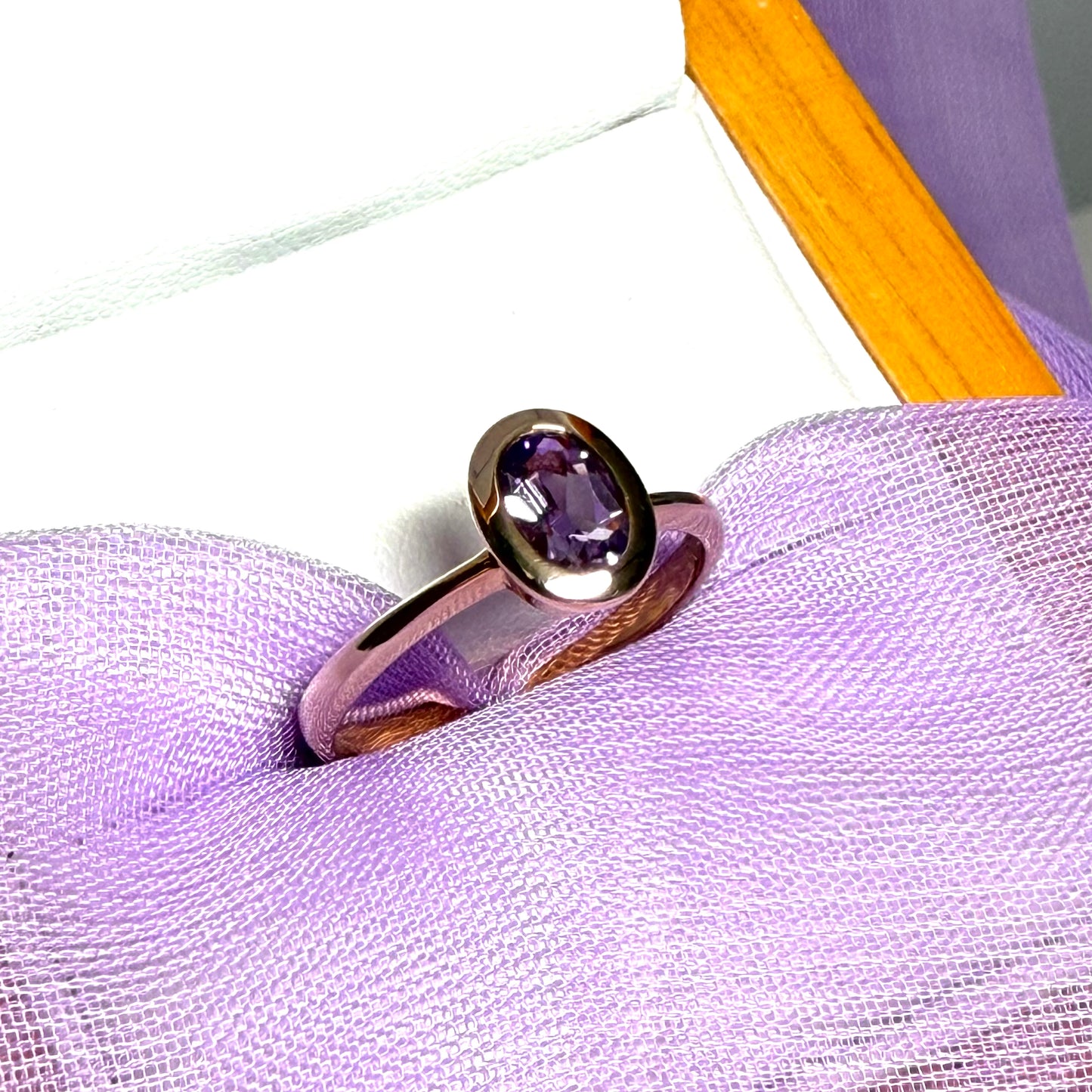 Oval shaped real amethyst yellow gold dress ring