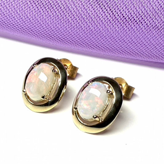 Oval yellow gold real opal stud open halo polished earrings