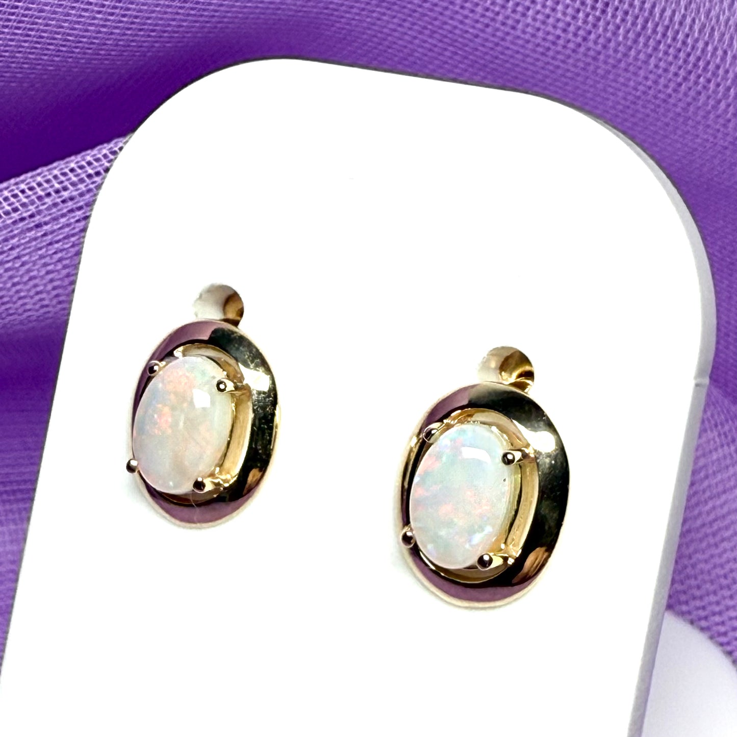 Oval yellow gold real opal stud open halo polished earrings