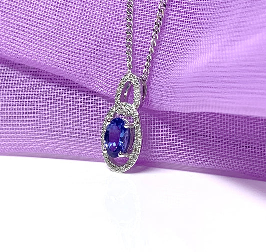 Oval cluster real tanzanite and diamond necklace