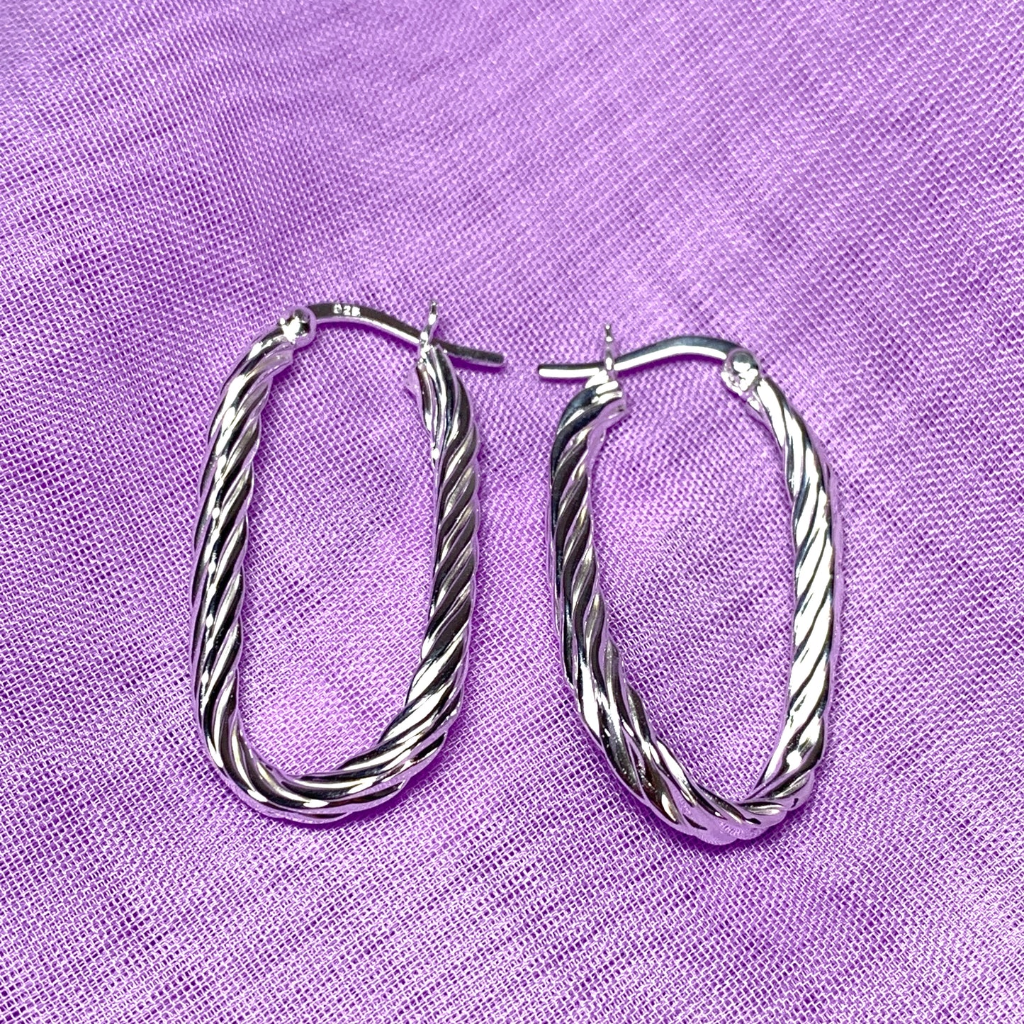 Oval patterned hoop earrings sterling silver