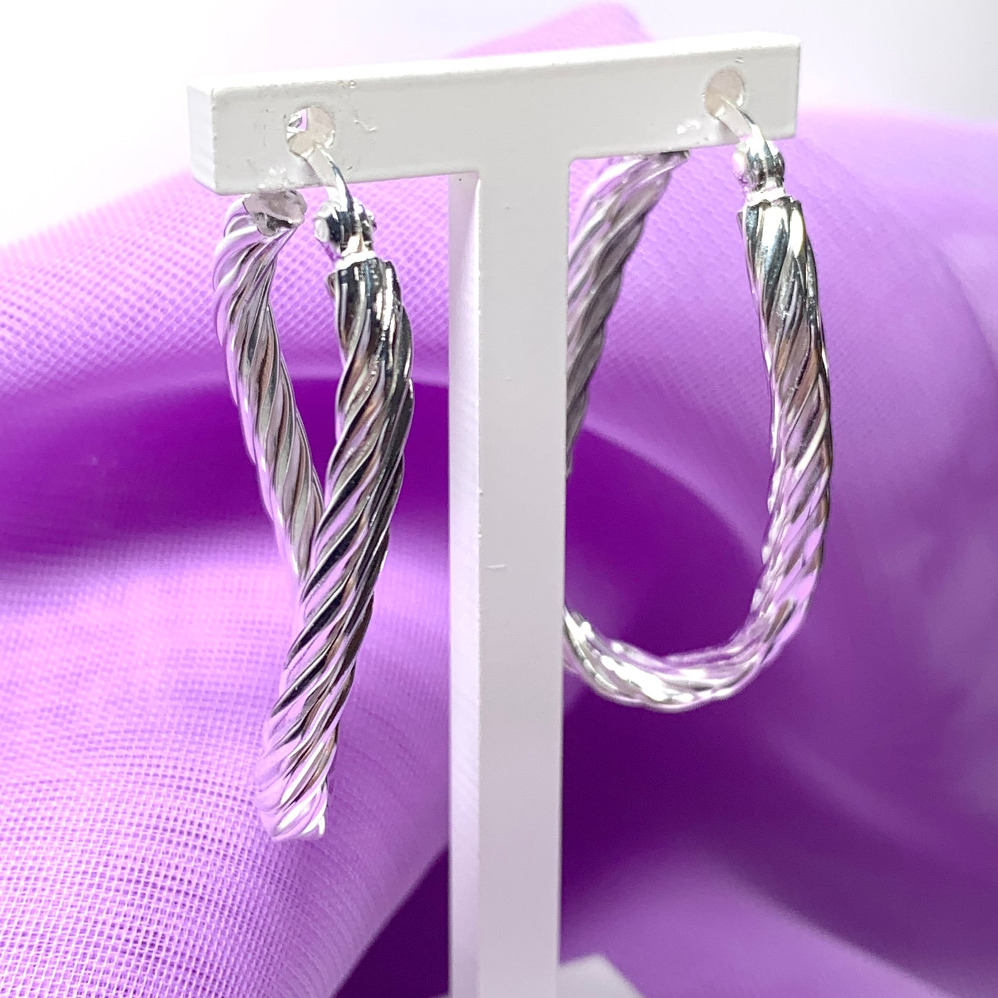 Oval patterned hoop earrings sterling silver