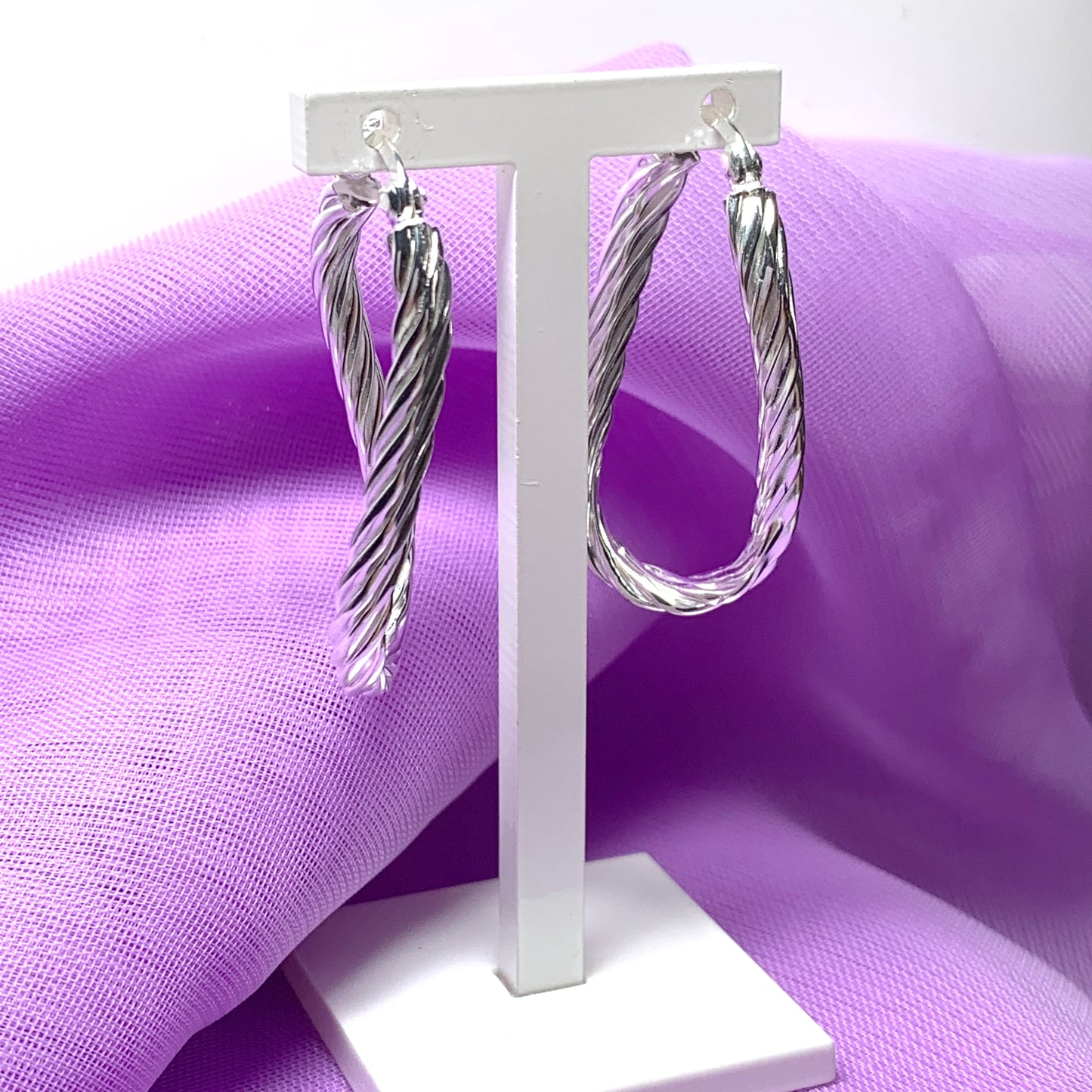 Oval patterned hoop earrings sterling silver