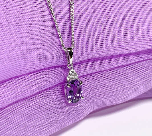 Oval real purple amethyst and cubic zirconia sterling silver necklace pendant