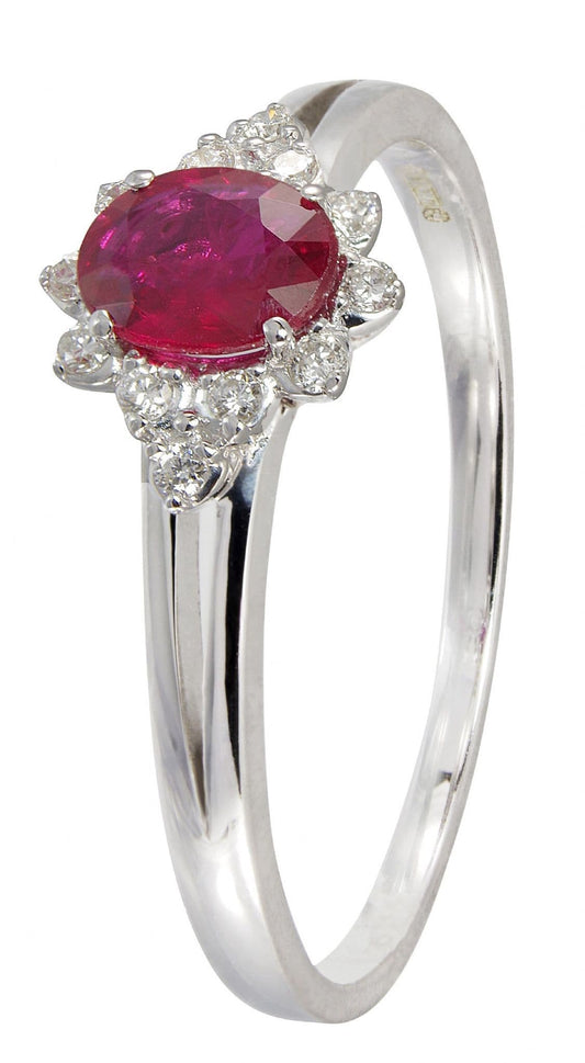 Oval shaped ruby and diamond white gold cluster ring