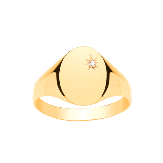 Oval shaped yellow gold mens diamond set signet ring