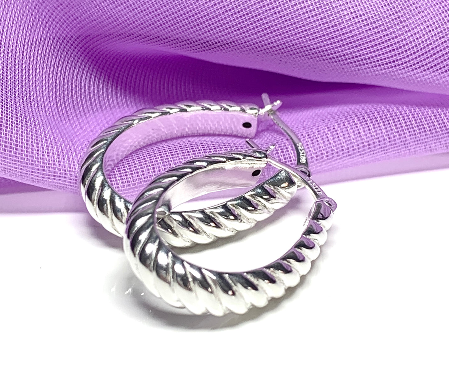 Sterling silver oval hoop earrings swirl patterned 27 mm x 18 mm