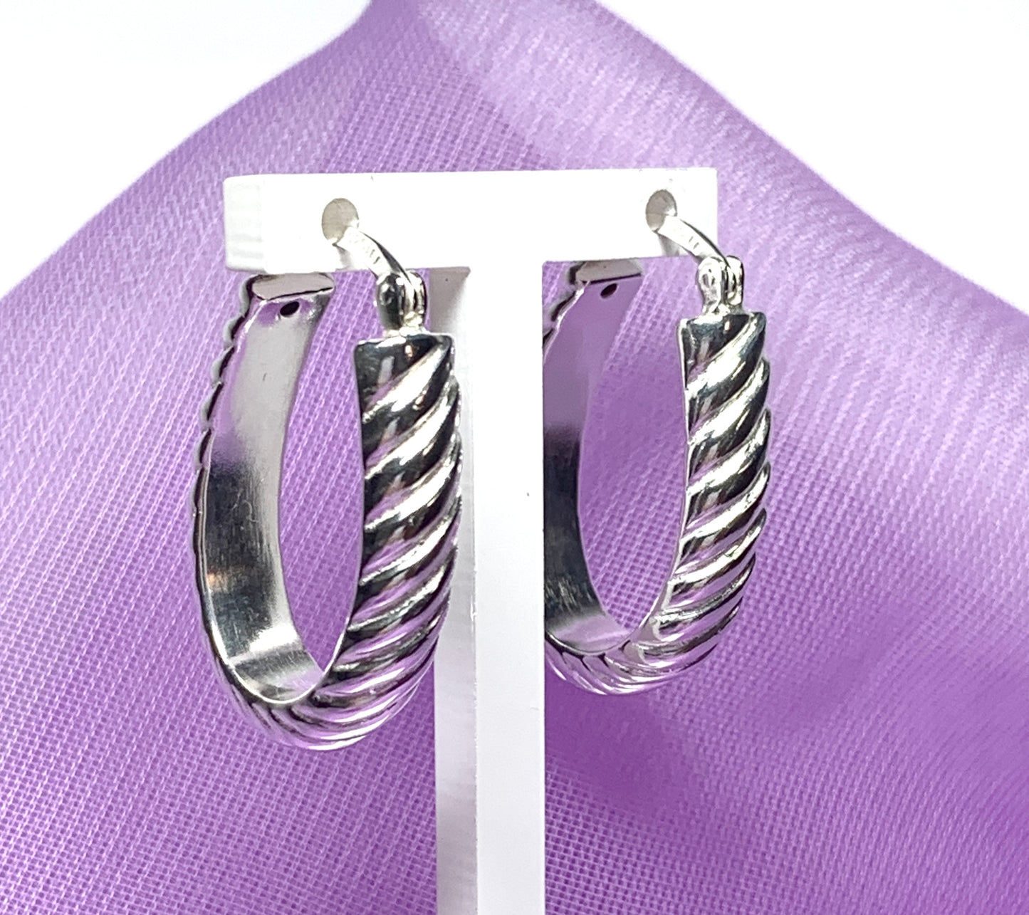 Sterling silver oval hoop earrings swirl patterned 27 mm x 18 mm