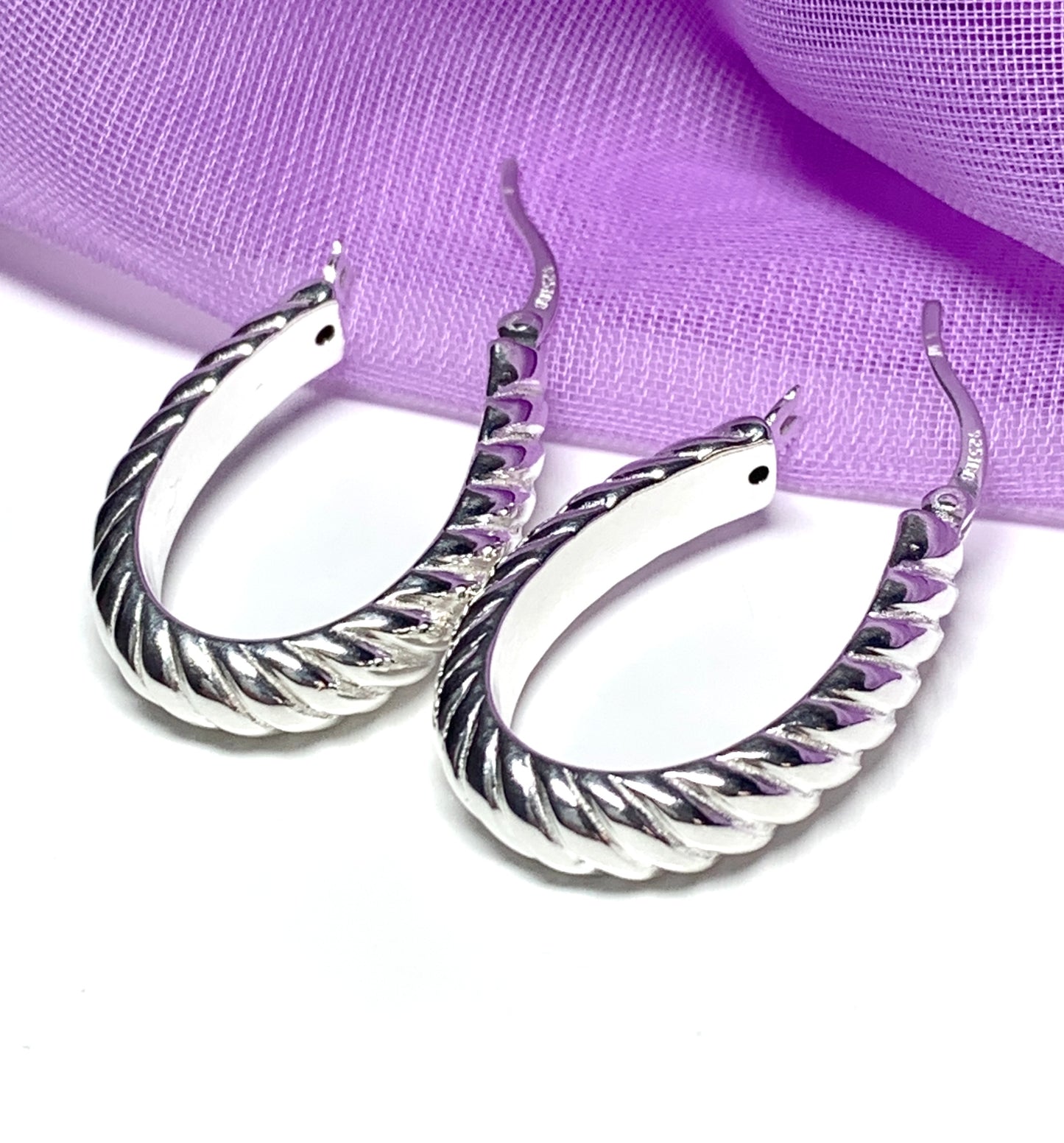 Sterling silver oval hoop earrings swirl patterned 27 mm x 18 mm