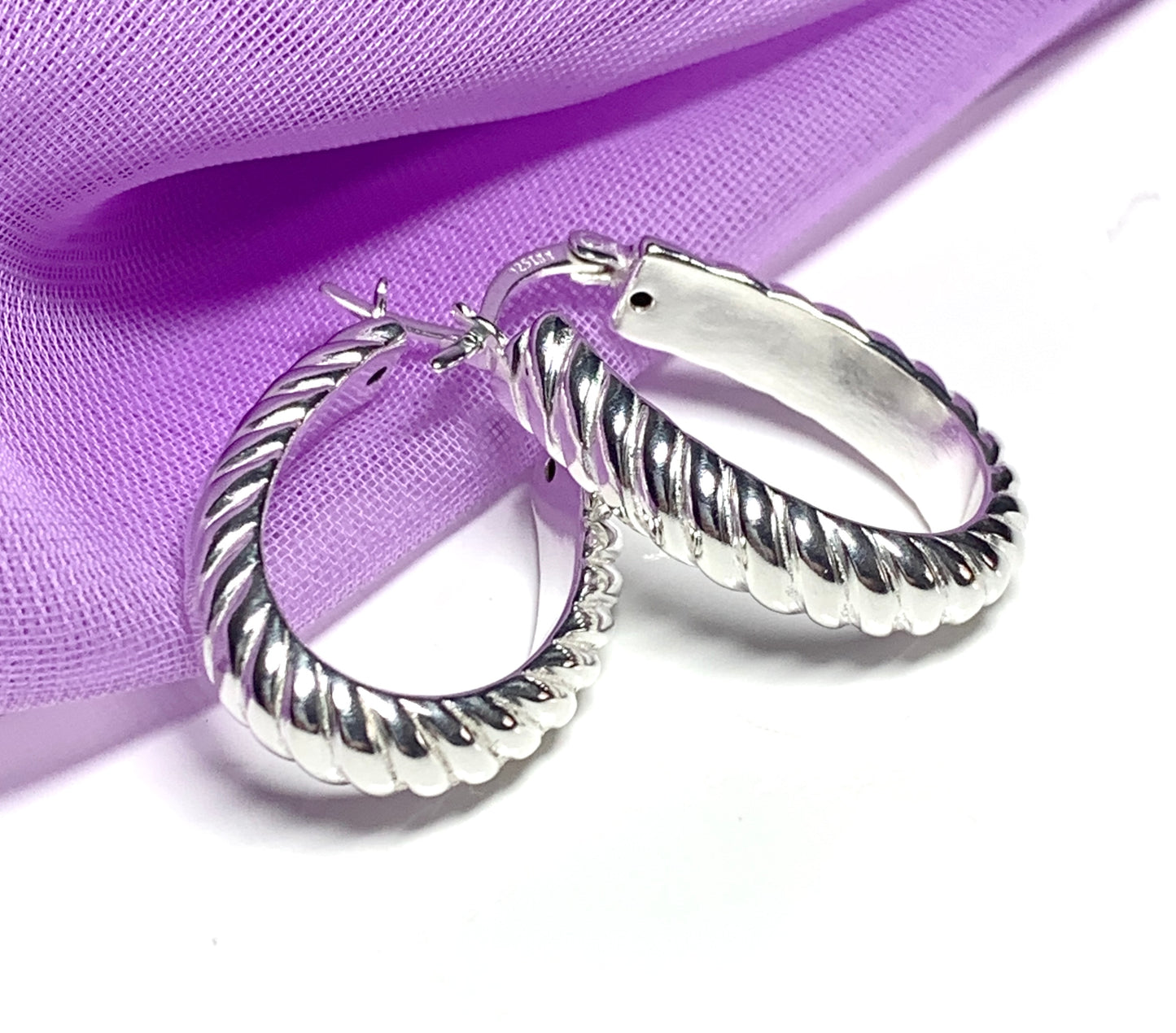 Sterling silver oval hoop earrings swirl patterned 27 mm x 18 mm