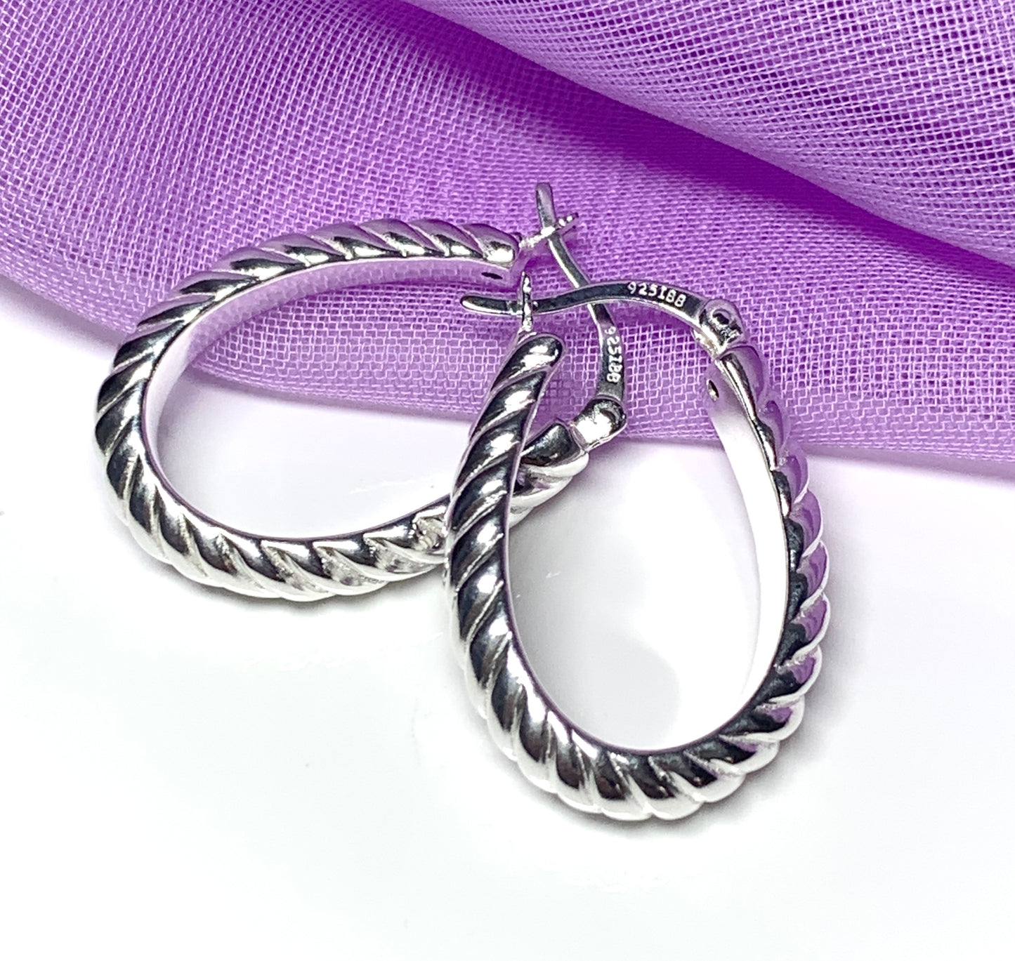 Sterling silver oval hoop earrings swirl patterned 27 mm x 18 mm