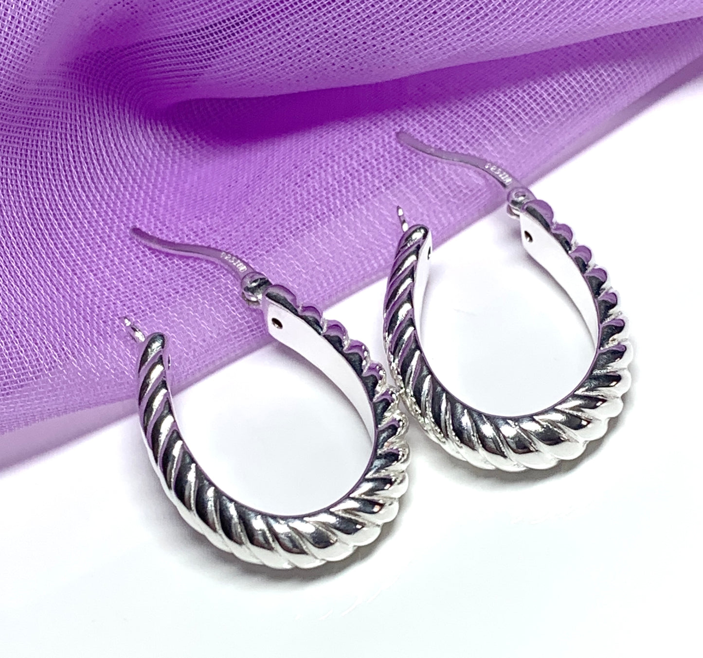 Sterling silver oval hoop earrings swirl patterned 27 mm x 18 mm