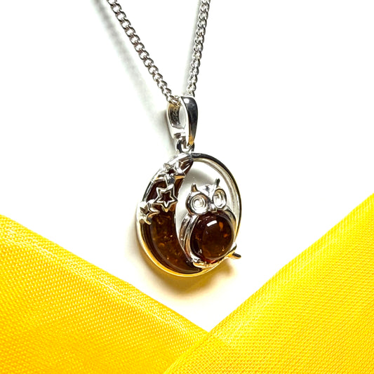 Owl and moon round shaped drop necklace circle pendant real amber sterling silver