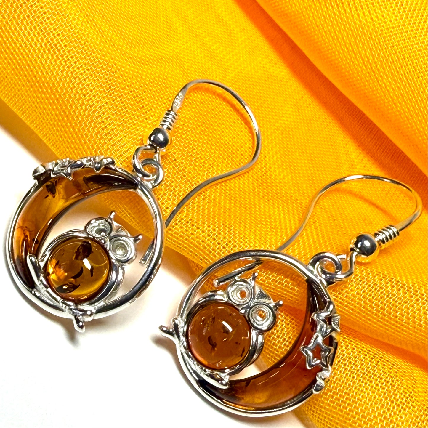 Owl and moon round shaped drop earrings real amber sterling silver
