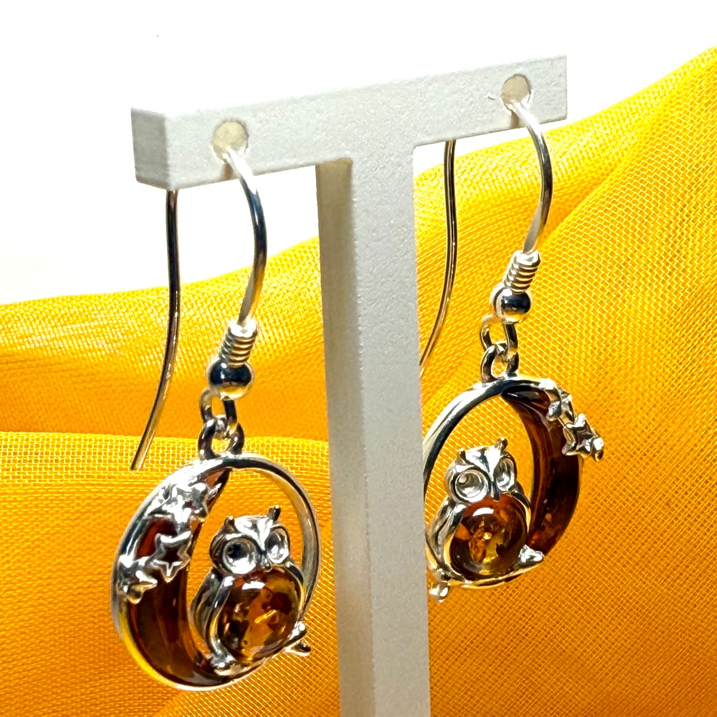 Owl and moon round shaped drop earrings real amber sterling silver