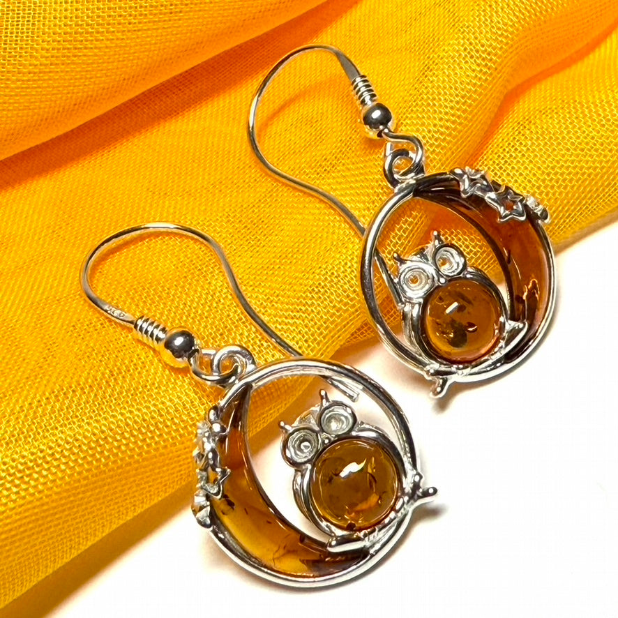 Owl and moon round shaped drop earrings real amber sterling silver