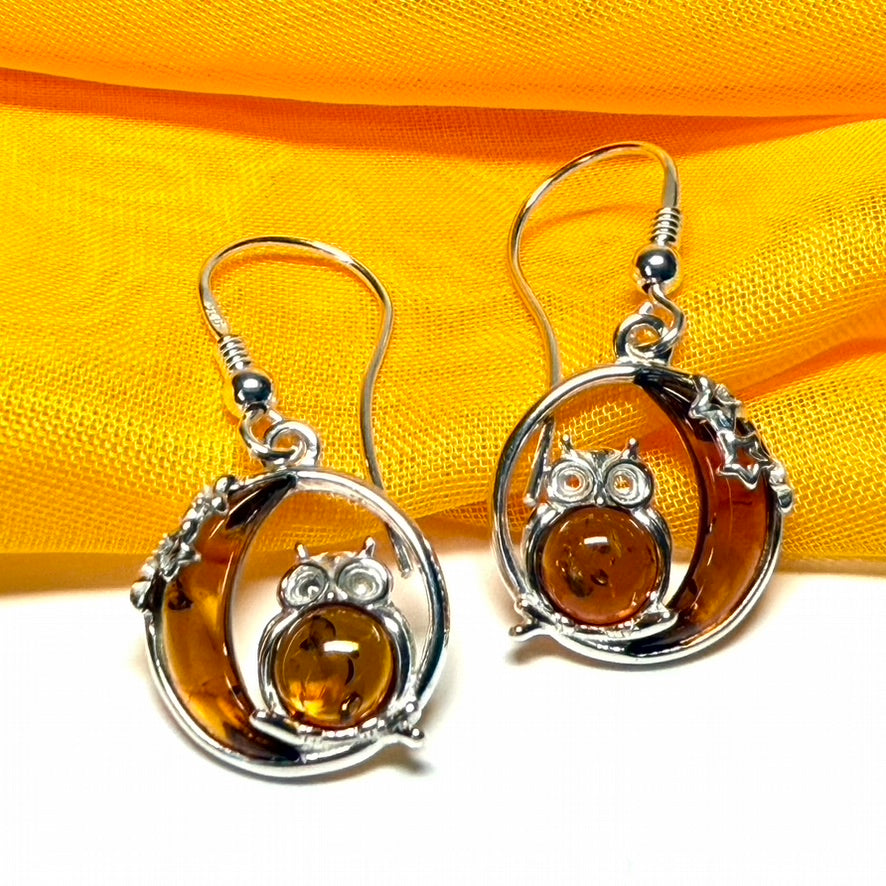 Owl and moon round shaped drop earrings real amber sterling silver