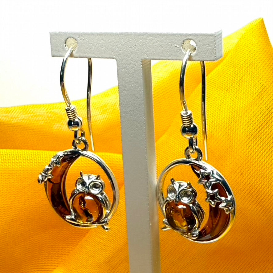 Owl and moon round shaped drop earrings real amber sterling silver