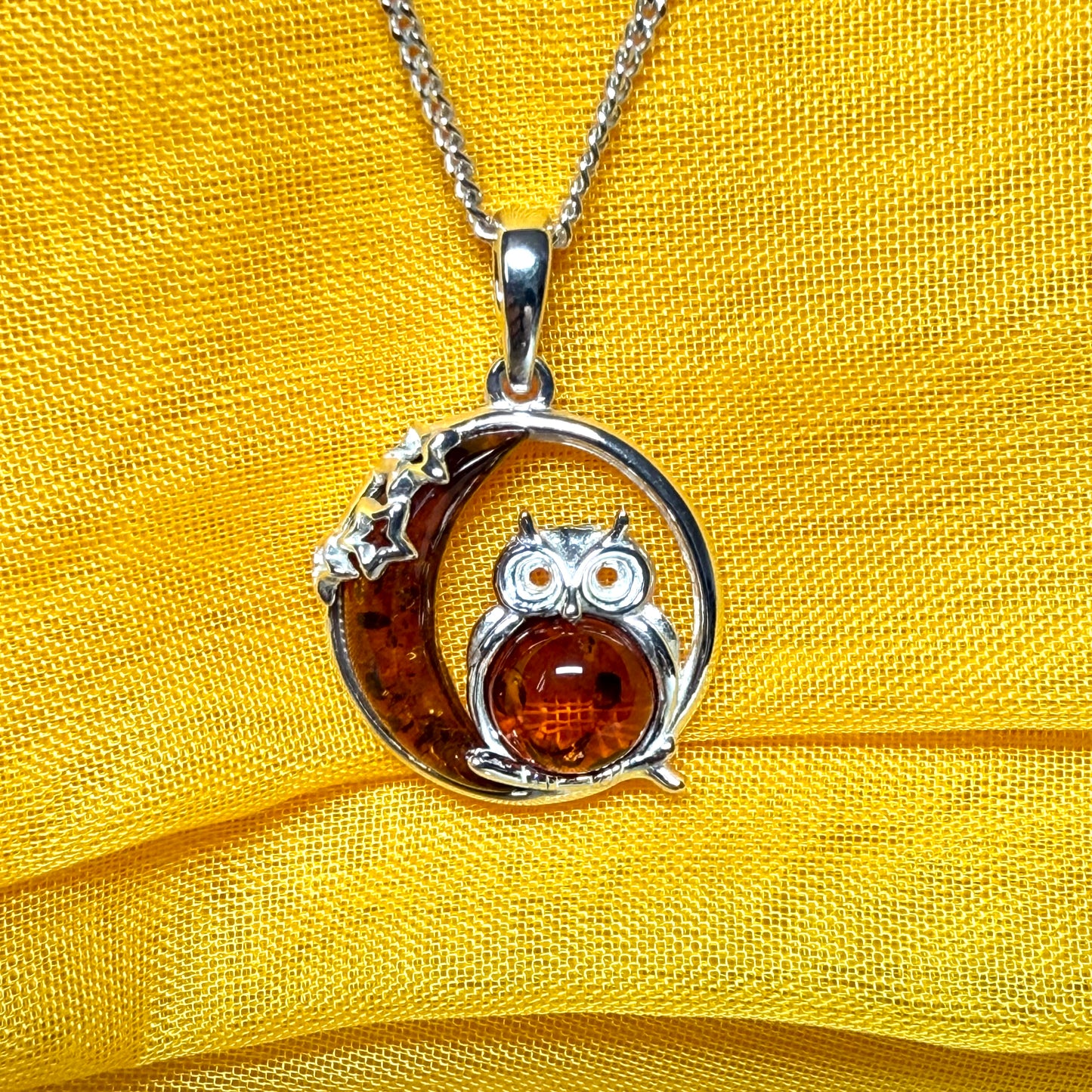 Owl and moon round shaped drop necklace circle pendant real amber sterling silver
