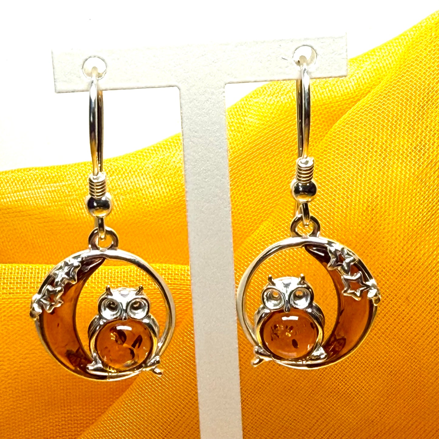 Owl and moon round shaped drop earrings real amber sterling silver