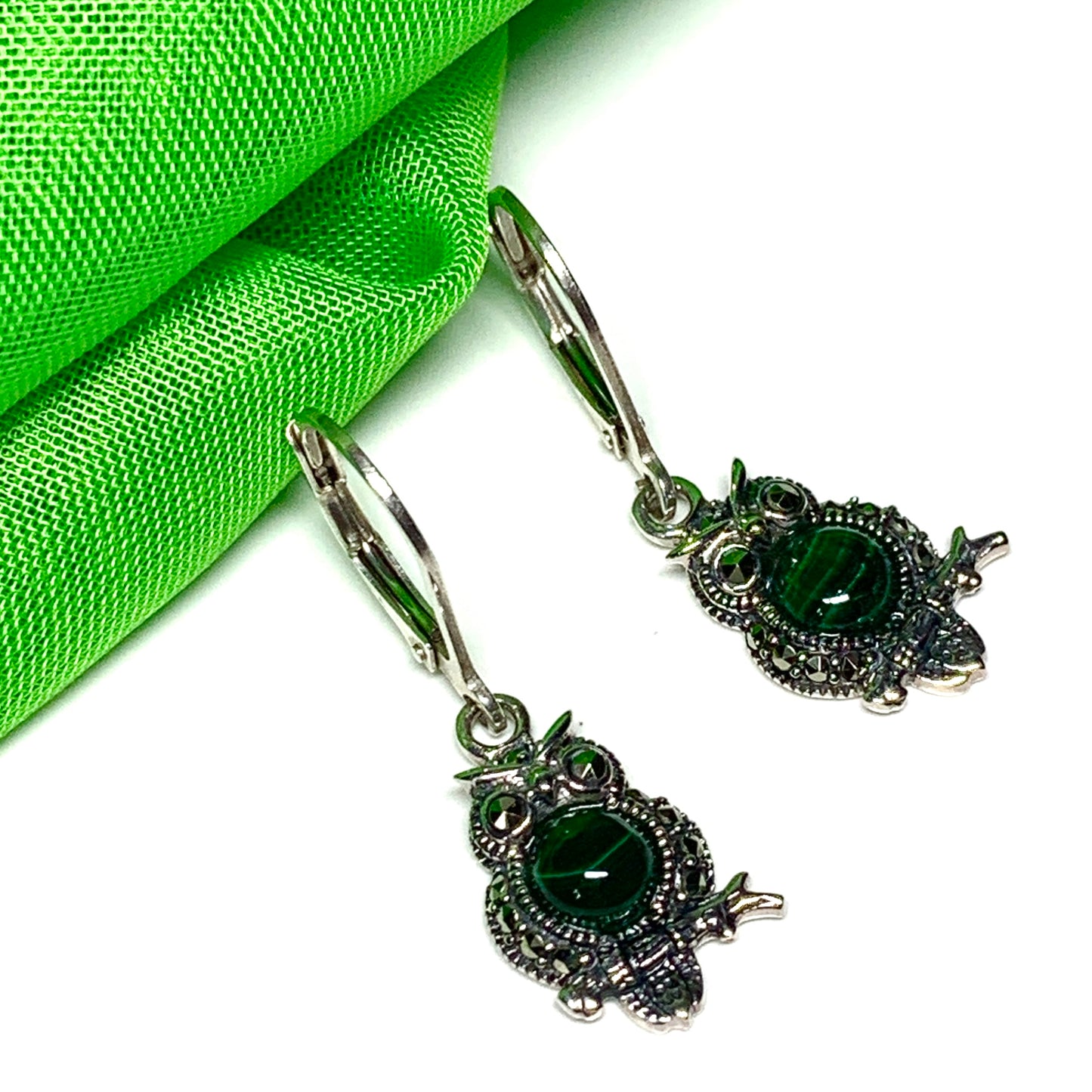 Owl drop earrings real green malachite sterling silver
