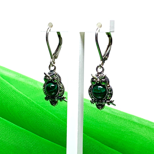 Owl drop earrings real green malachite sterling silver