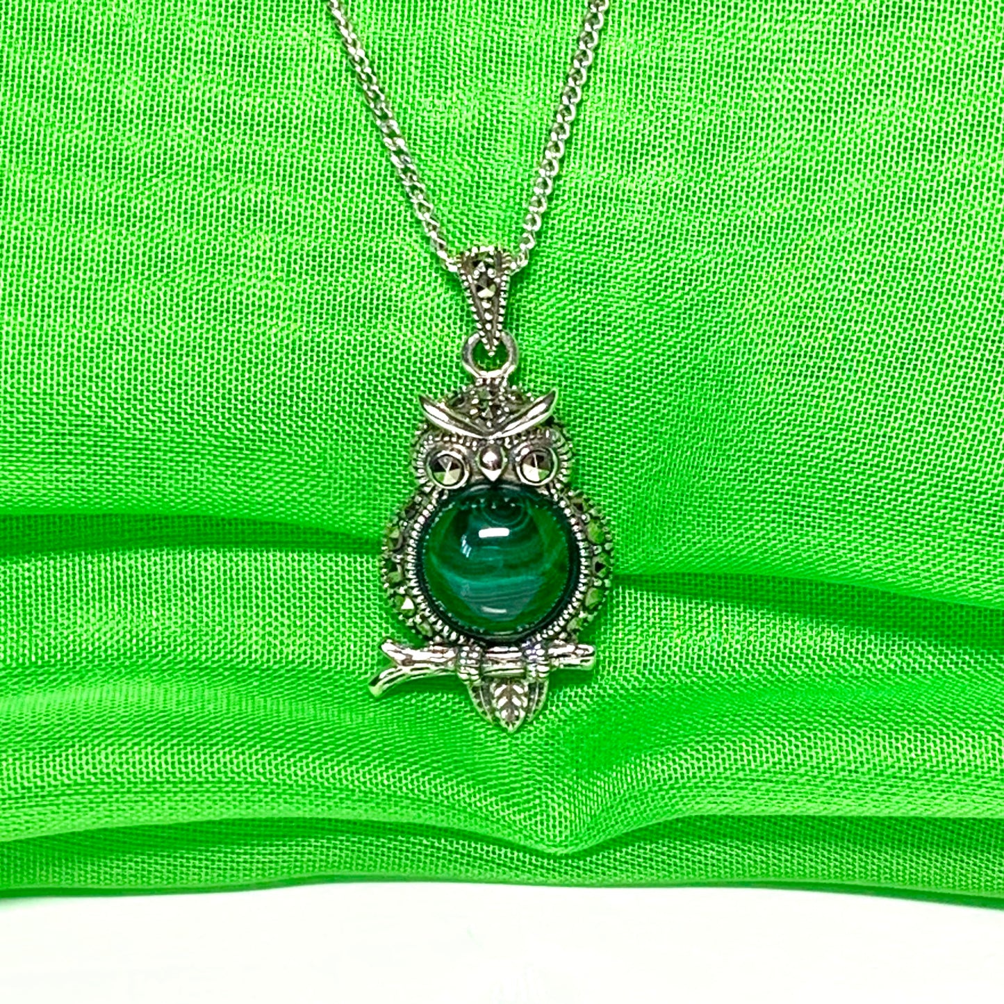 Owl necklace pendant real green malachite and marcasite sterling silver