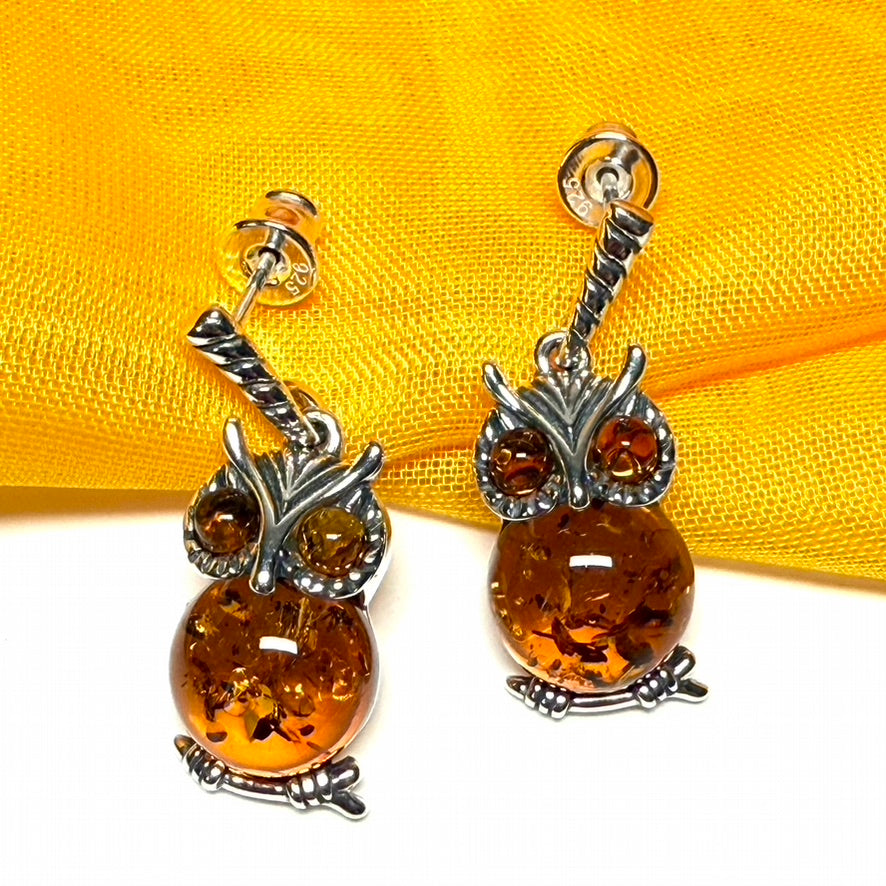 Owl shaped drop earrings real amber sterling silver