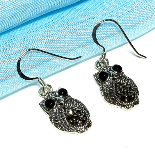 Owl shaped drop earrings with real black agate and real marcasite sparkling dangle