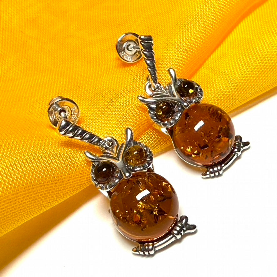 Owl shaped drop earrings real amber sterling silver