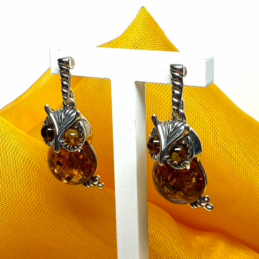 Owl shaped drop earrings real amber sterling silver