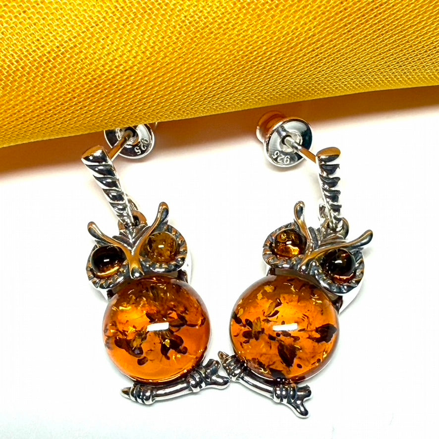 Owl shaped drop earrings real amber sterling silver