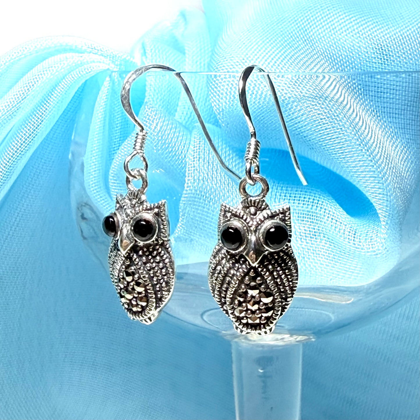 Owl shaped drop earrings with real black agate and real marcasite sparkling dangle
