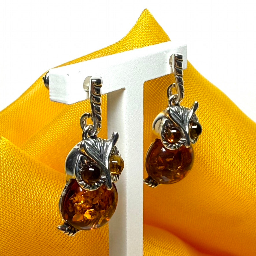Owl shaped drop earrings real amber sterling silver