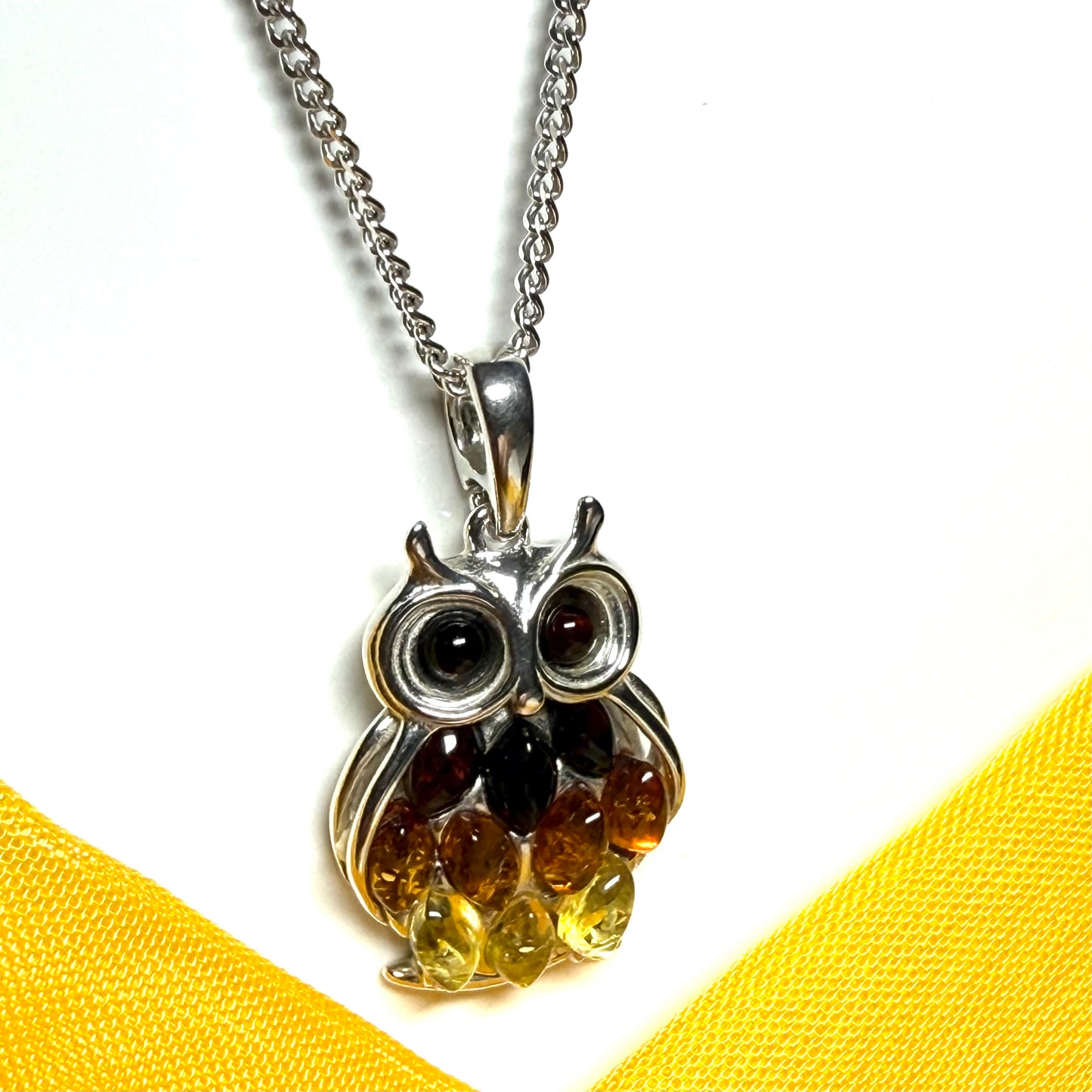Owl shaped necklace pendant real amber sterling silver including a solid chain