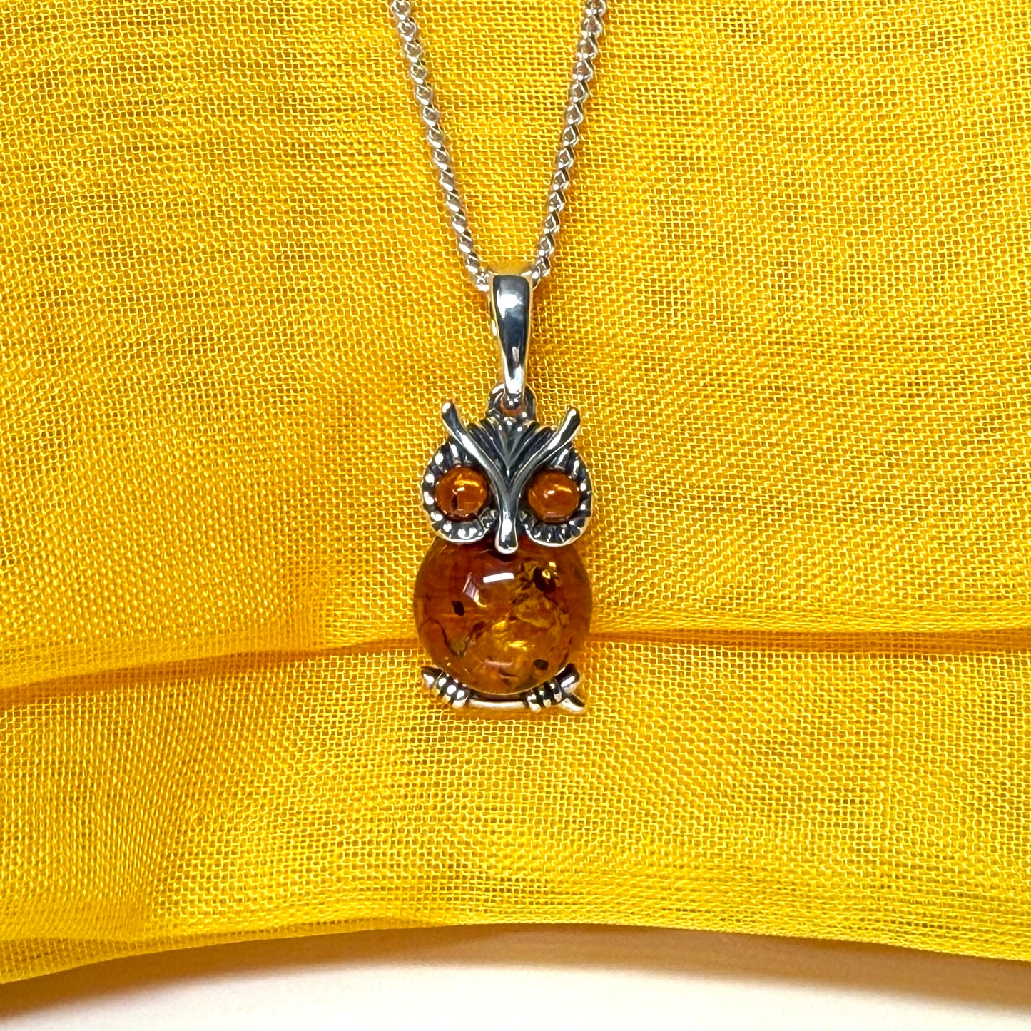 Owl shaped necklace pendant real amber sterling silver