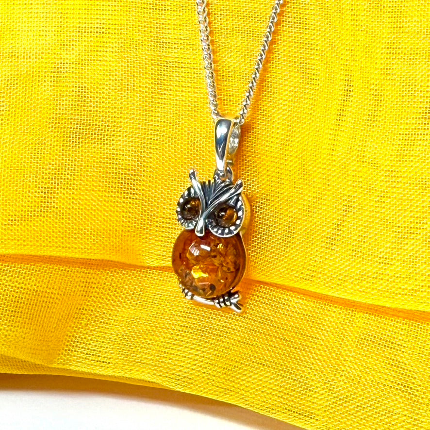 Owl shaped necklace pendant real amber sterling silver