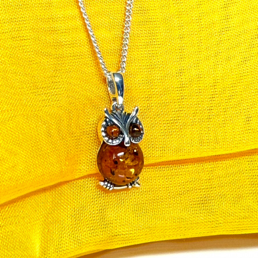 Owl shaped necklace pendant real amber sterling silver