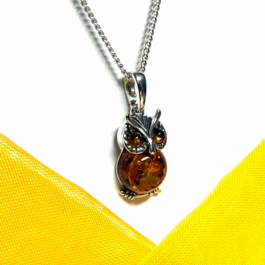 Owl shaped necklace pendant real amber sterling silver