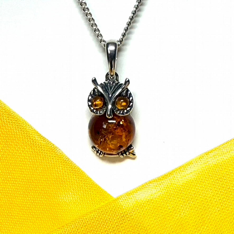 Owl shaped necklace pendant real amber sterling silver