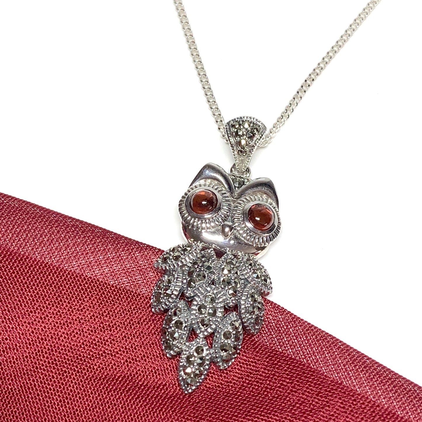 Owl necklace pendant garnet and marcasite sterling silver