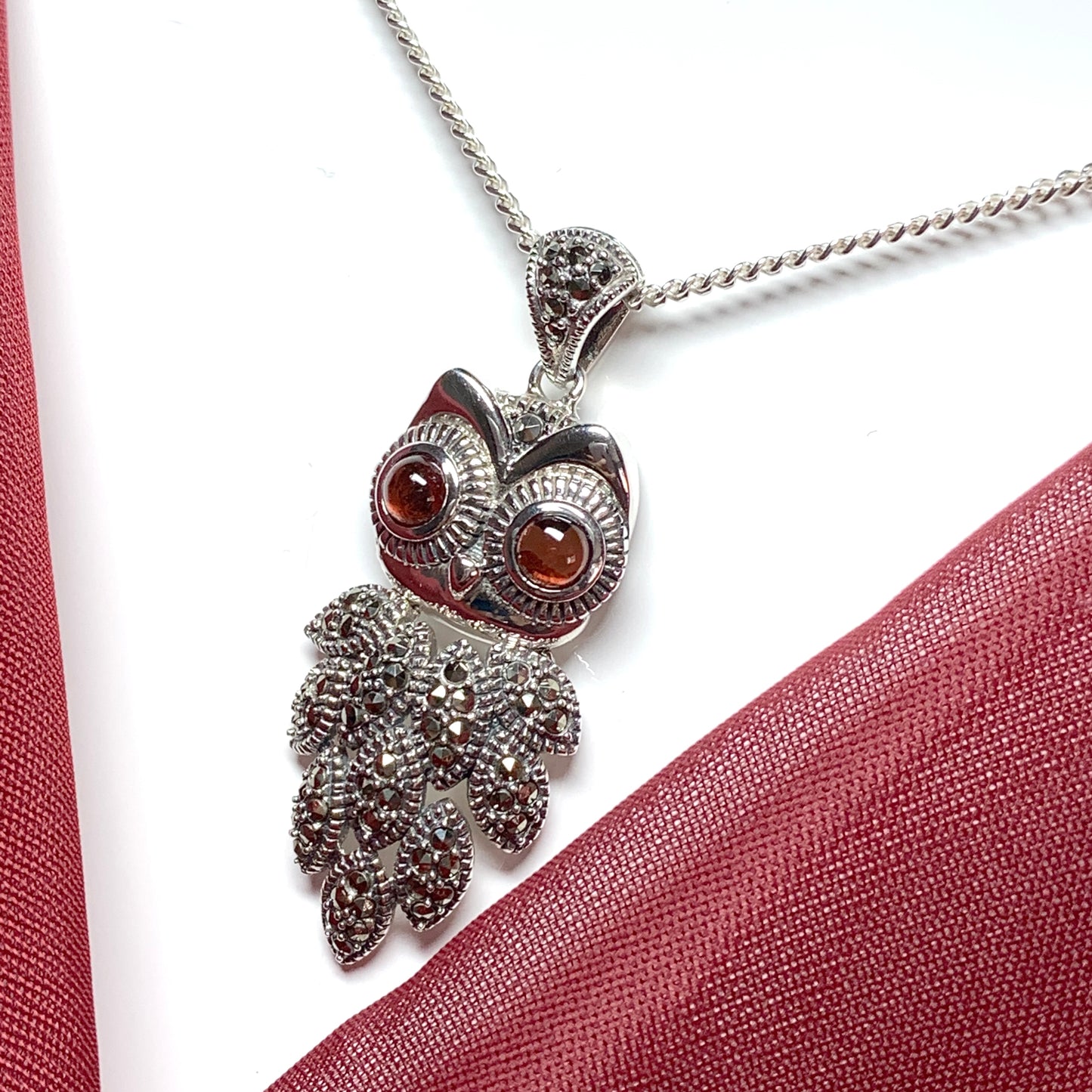 Owl necklace pendant garnet and marcasite sterling silver
