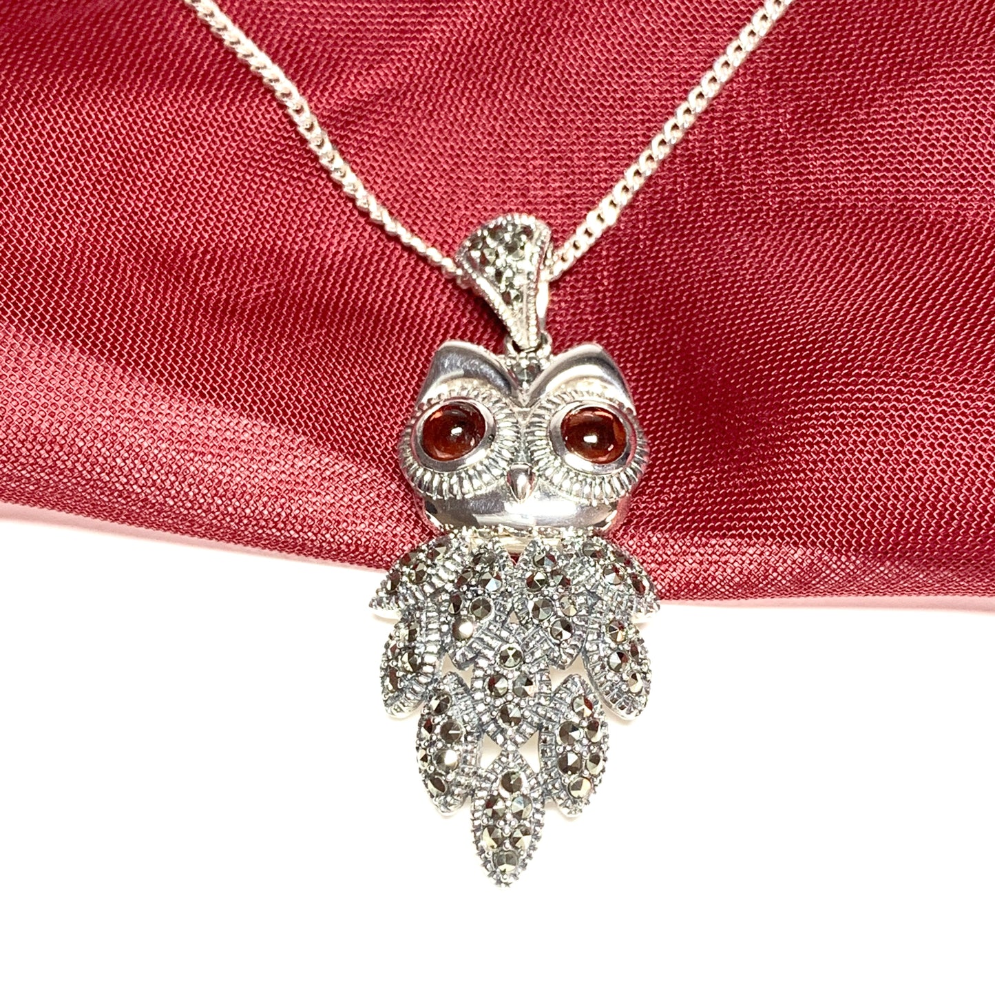 Owl necklace pendant garnet and marcasite sterling silver