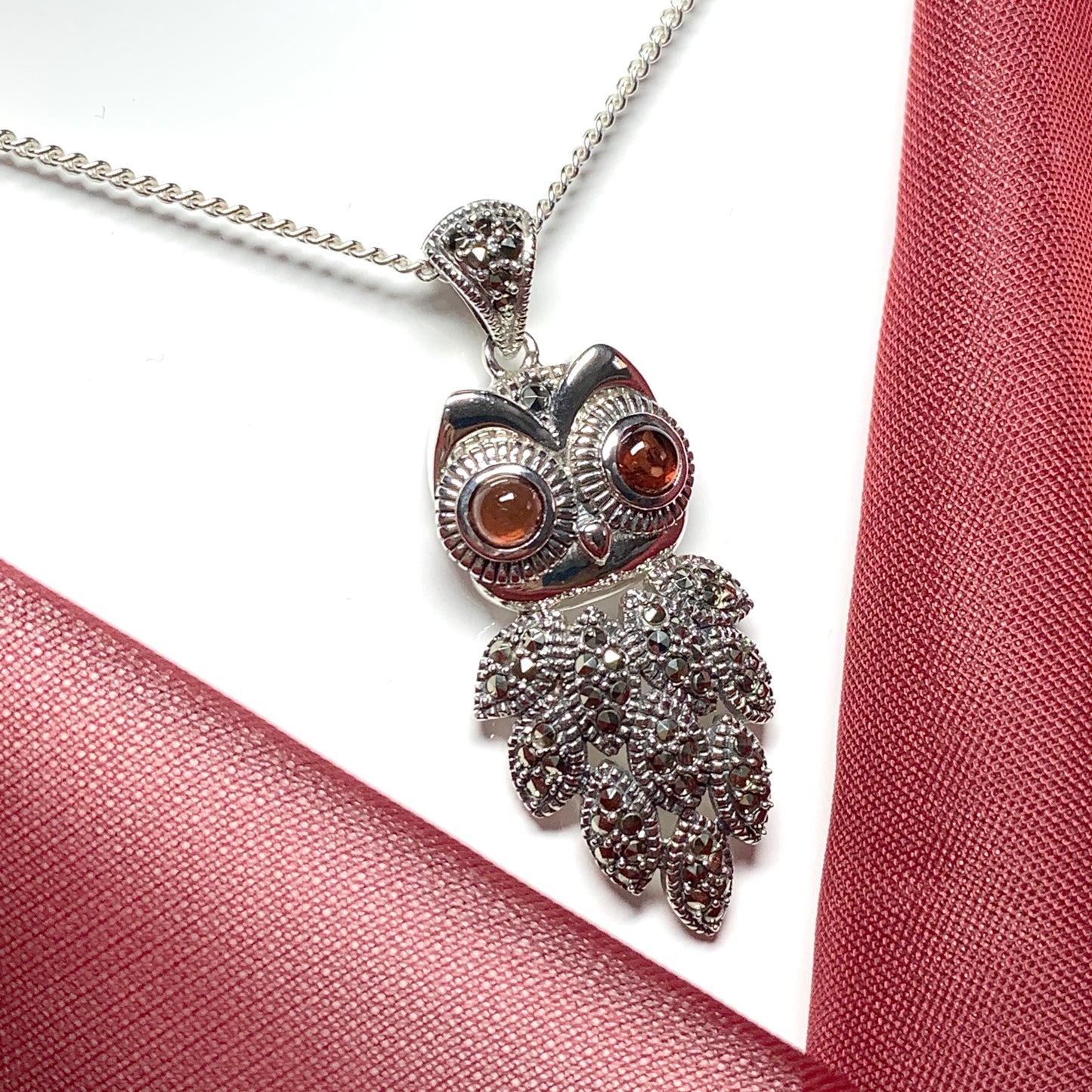 Owl necklace pendant garnet and marcasite sterling silver