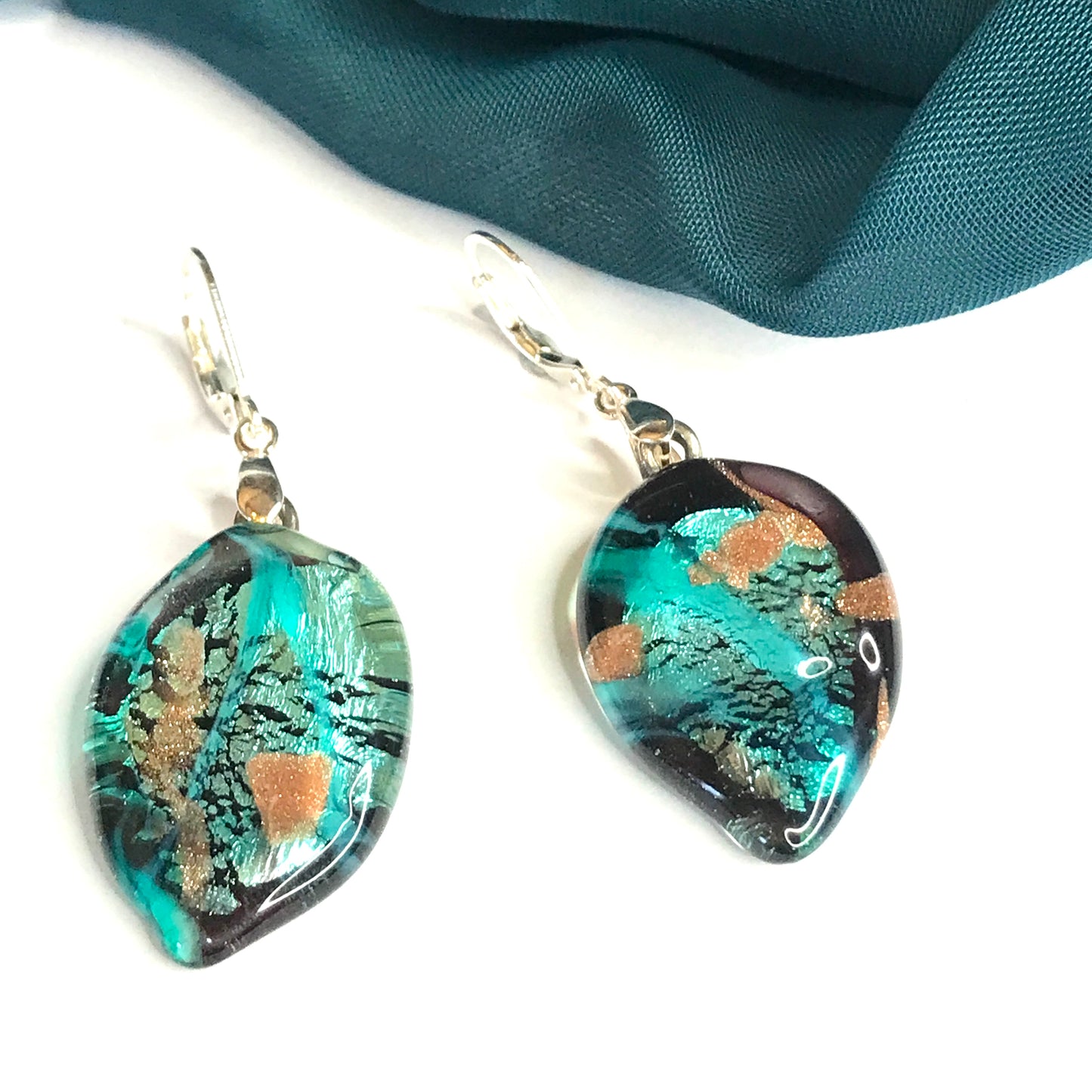 Real Murano glass light green leaf shaped drop earrings sterling silver