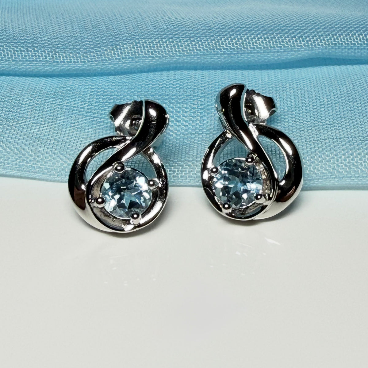Real blue topaz stud drop earrings fancy round twisted swirl designed