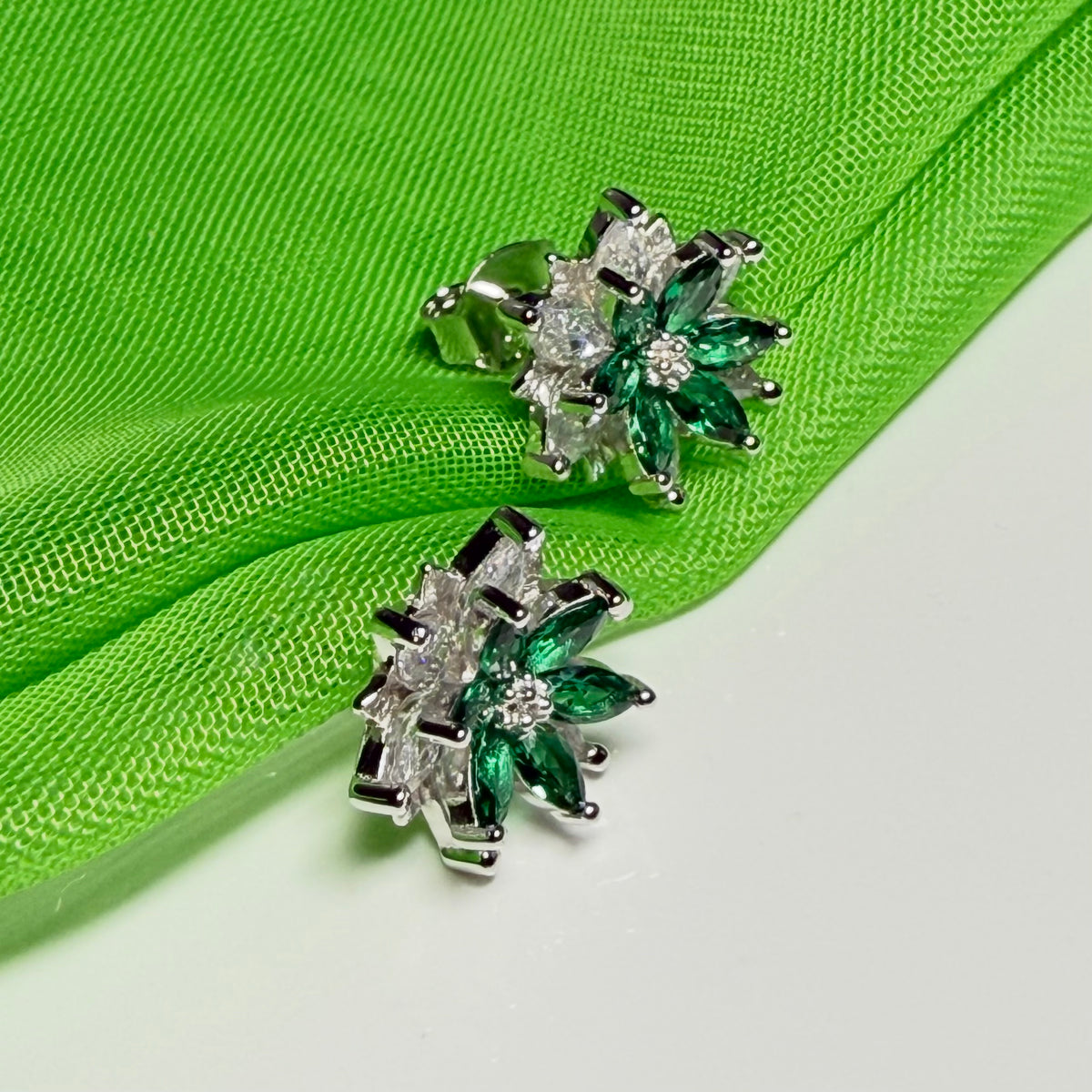 Green round marquise cluster earring cubic zirconia sterling silver