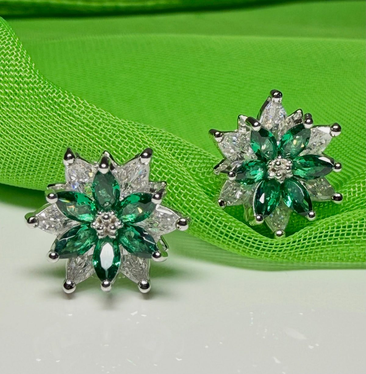 Green round marquise cluster earrings cubic zirconia sterling silver