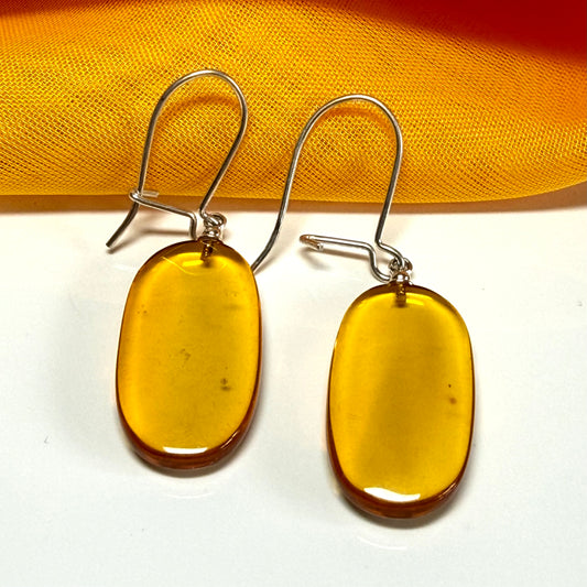 Pair of real amber drop earrings oval shaped sterling silver