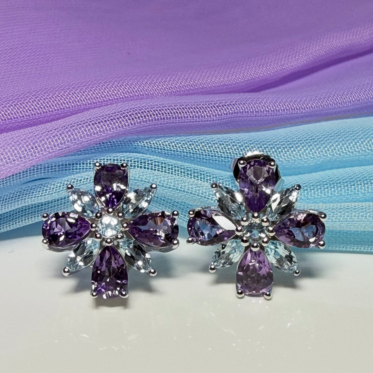 Pair of real amethyst and real blue topaz fancy spray stud earrings